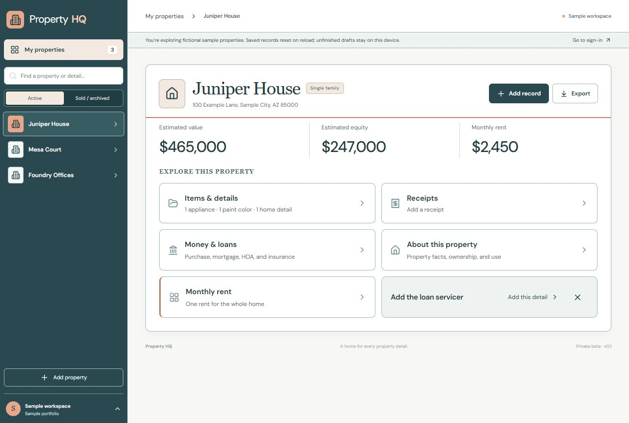 The actual pilot app showing Juniper House, its property overview and links to items, receipts and property facts. All data is fictional.