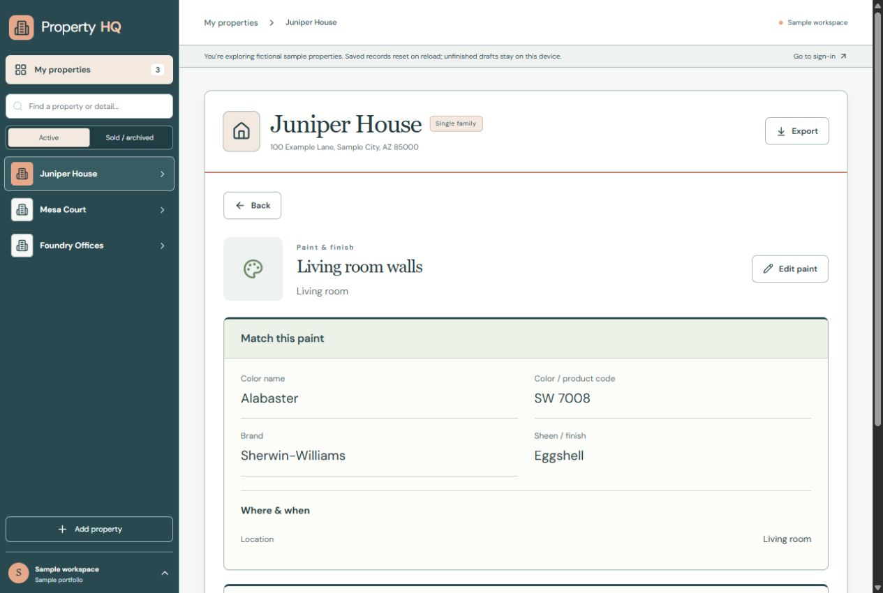 The actual paint-detail screen showing living room walls, Alabaster, SW 7008, Sherwin-Williams and an eggshell finish in fictional Juniper House.